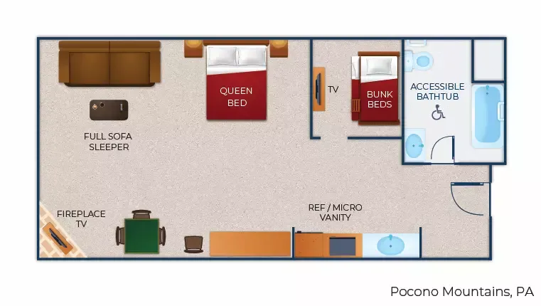 The floor plan for the KidCabin Suite (Accessible Bathtub) 
